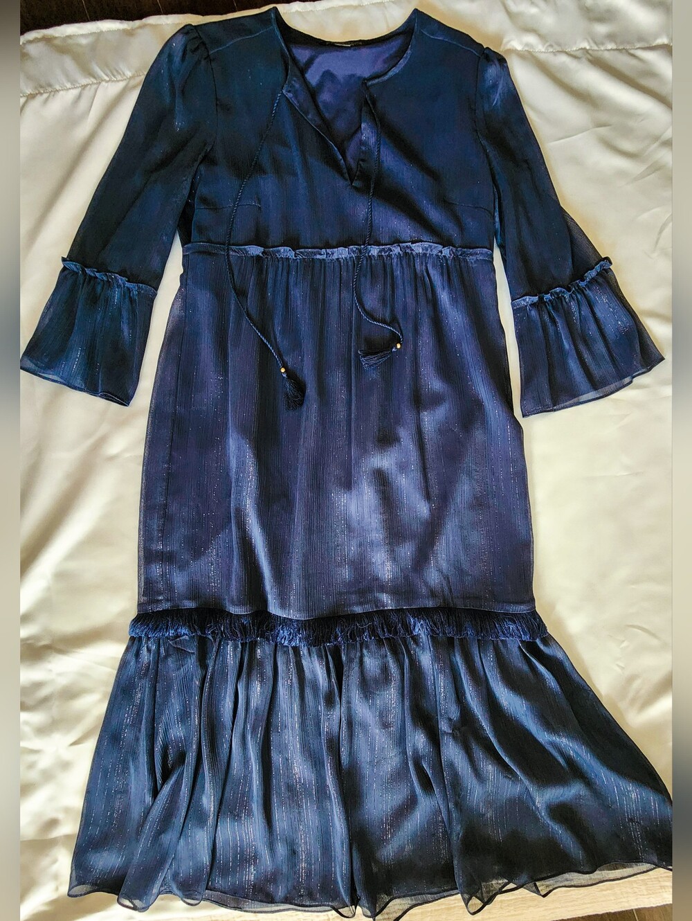 Zoe by Rachel Zoe Navy Shimmer Metallic Lurex Boho Midi Dress M